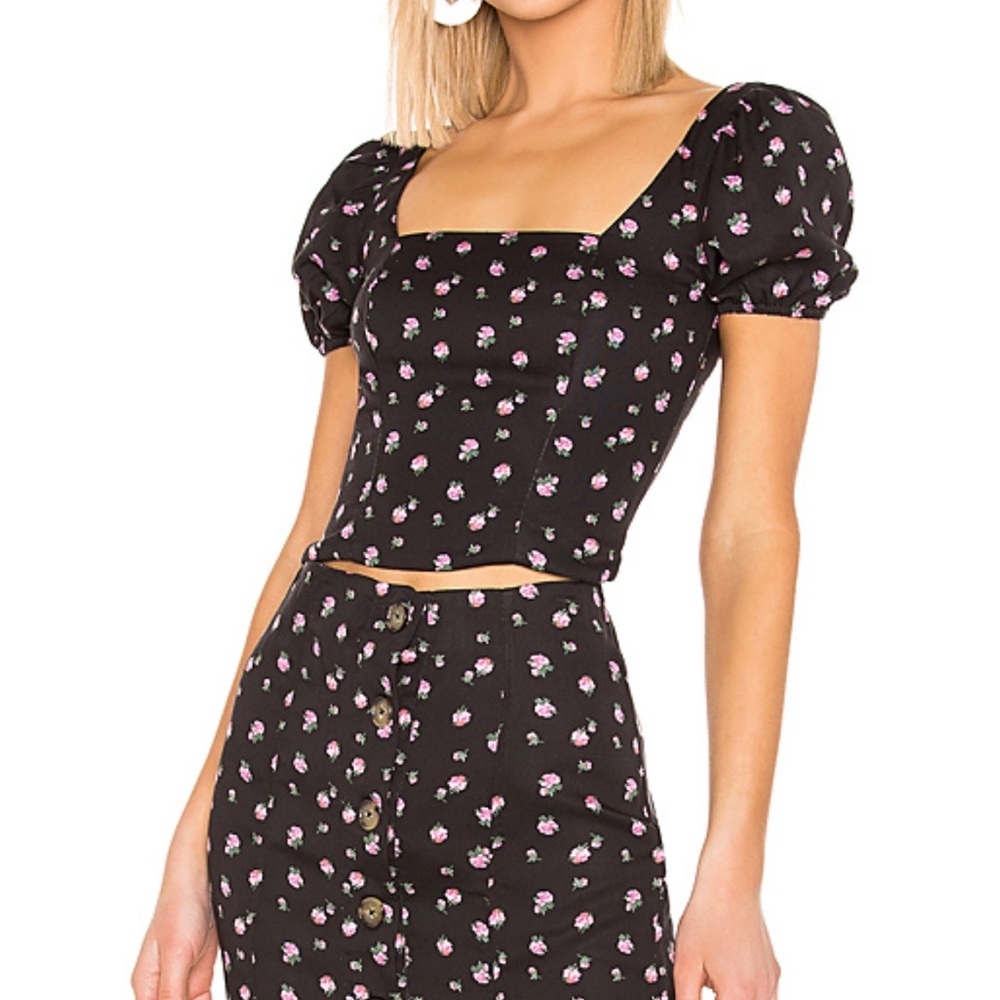 NEW black floral LPA revolve puff sleeve top XXS